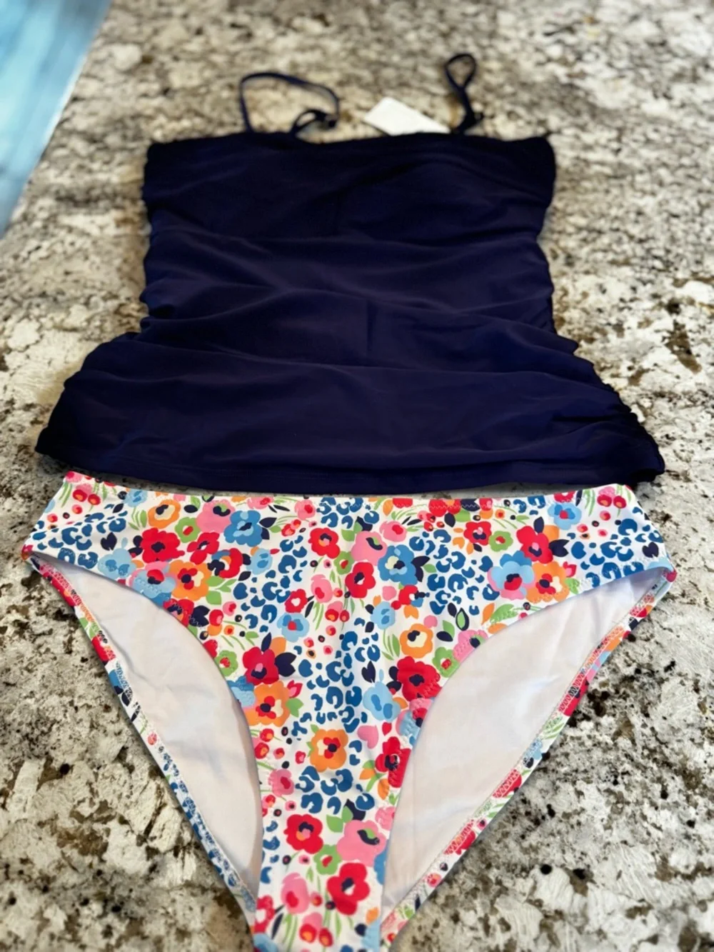 Navy Tankini Top with Multicolor Floral Bikini Bottoms‎ - Women's Swim Set